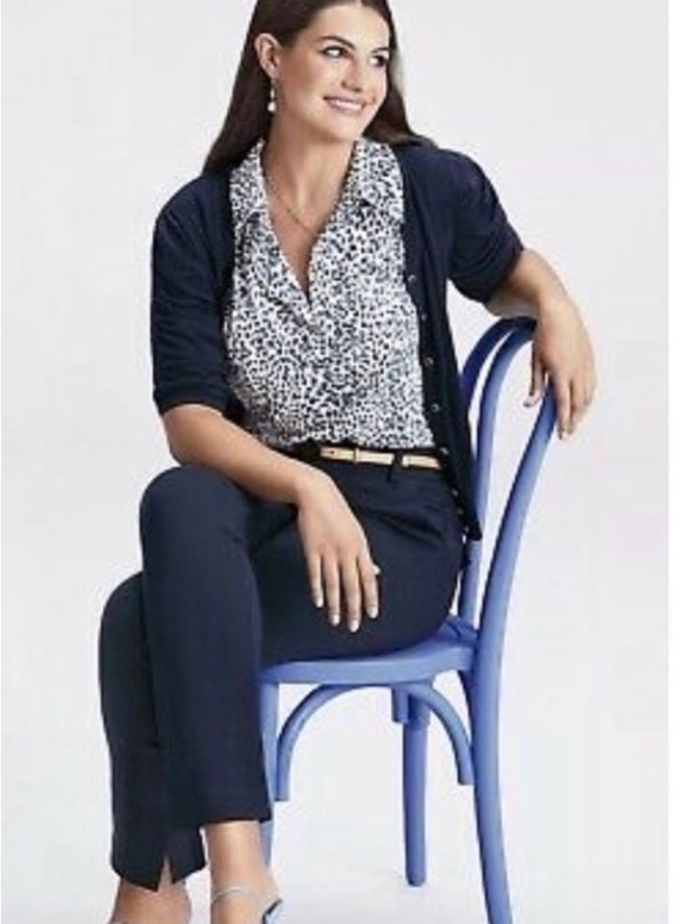 CAbi Navy Button-Down Blouse with White/Black Print catwalk top